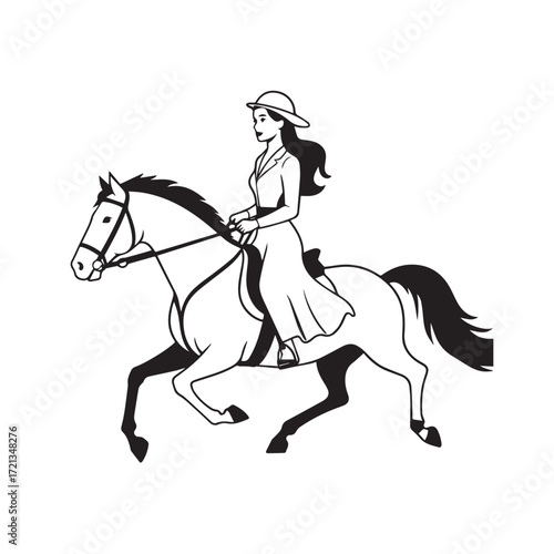 Black and white line art of a beautiful woman with perfect body riding horse elegant minimalist illustration