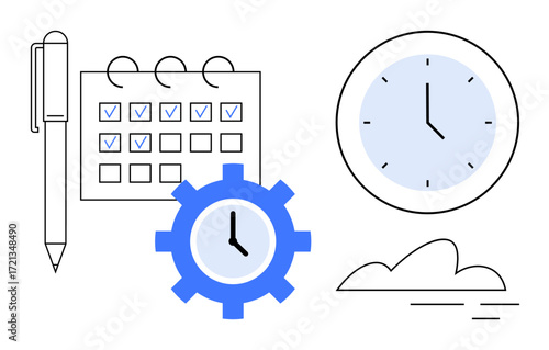 Pen beside a calendar with checkmarks, a clock, and a clock-integrated gear. Ideal for planning, scheduling, organization, productivity, deadlines workflow efficiency. Simple flat metaphor