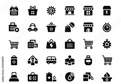 Collection of black shopping and ecommerce icons on a, representing various aspects of retail and online business