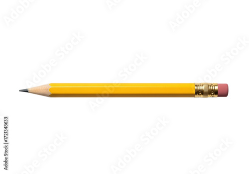 A yellow wooden number two pencil with a sharp graphite tip and brown end, laid horizontally on a clean seamless matte white background with a subtle drop shadow, concept of school supplies