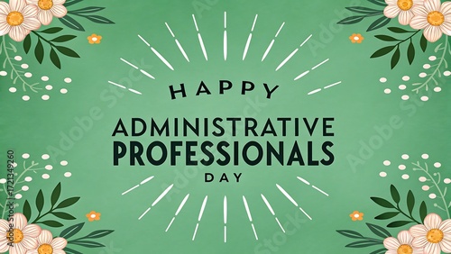Happy administrative professionals day greeting card with flowers on green background
