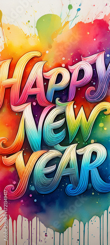 Vibrant Happy New Year Greeting in Bold Script Over Colorful Paint Splash Background
