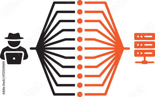 hacker, computer, laptop, server, data, network, security, cyber, attack, intrusion, technology, icon, symbol, black, orange, connection, flow, transfer, digital, information, threat, system, breach, 