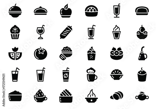 Collection of 30 food and drink icons, including fruits, desserts, beverages, and meals, isolated on a