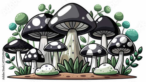 Black and white cartoon illustration of grouped mushrooms isolated on white, playful forest vibe, clean vector art, great for whimsical designs, food graphics, or nature-inspired creative projects.