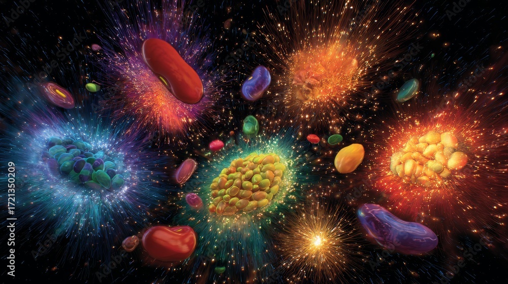 Fototapeta premium Vibrant Explosion of Colorful Beans and Life Energy Particles Against a Cosmic Night Sky