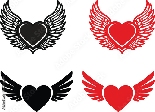 Winged Heart Valentine Illustration.red black heart with wings vector design romantic love angel symbol valentine wedding cute decorative illustration clipart.Flying red heart with angel wings vector