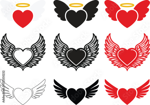 Winged Heart Valentine Illustration.red black heart with wings vector design romantic love angel symbol valentine wedding cute decorative illustration clipart.Flying red heart with angel wings vector
