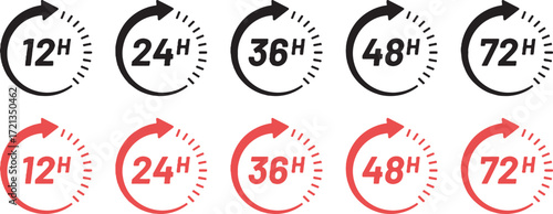 12h, 24h, 36h, 48h, 72h, hours, time, duration, clock, timer, countdown, schedule, deadline, delivery, service, icon, symbol, set, collection, black, red, circular, arrow, progress, waiting, speed, fa