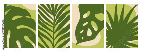 Leaf posters set. Tropical leaves, botanical card designs with green exotic f...