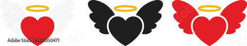 Winged Heart Valentine Illustration.red black heart with wings vector design romantic love angel symbol valentine wedding cute decorative illustration clipart.Flying red heart with angel wings vector