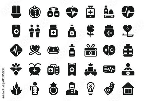 Collection of medical and healthcare icons, including heart, pills, stethoscope, and medical cross