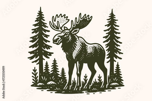 Moose in forest engraving vintage black and white vector illustration