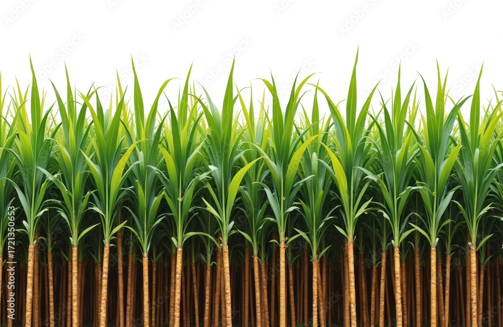 Fototapeta premium Row of isolated sugarcane stalks stand tall against stark white backdrop. Vibrant green leaves, brown stems create natural, agricultural scene. Panoramic view emphasizes plant growth, farming, raw