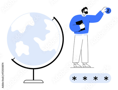 Man holding financial file, adding currency near globe, password symbols below. Ideal for global finance, economy, investment, budgeting, wealth strategy globalization security themes. Simple flat
