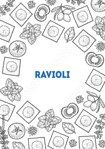 Traditional Italian pasta sketch. Ravioli frame. Italian food. Staple food. Hand drawn vector illustration. Background for packaging, menu. Top view. Not AI
