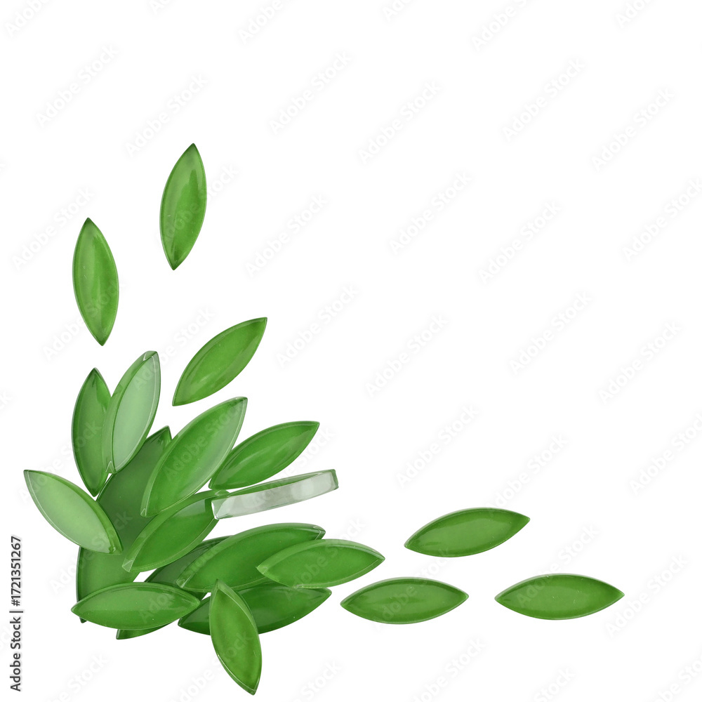 Naklejka premium Green Leaf Shaped Glass Mosaic Tiles Scattered on White Background image