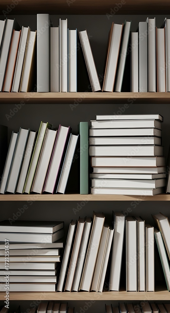 Fototapeta premium Bookshelf Filled with Neatly Arranged Books in Modern Home Library