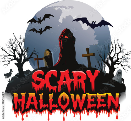 Scary ghost in graveyard with bats flying in front of the moon, scary halloween text, vector illustration isolated on white background