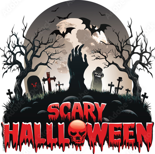 Scary halloween graveyard scene with zombie hand rising from the grave, bats flying in the moonlight, and spooky trees isolated on white background