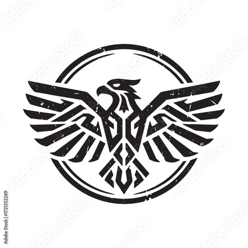 Bold tribal eagle emblem in a distressed circular frame, symbolizing strength and freedom
