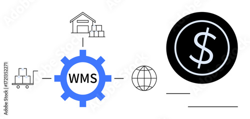 Gear labeled WMS linking warehouse, cart with goods, globe, and dollar symbol. Ideal for logistics, inventory, distribution, supply chain efficiency technology and economy. Simple flat metaphor