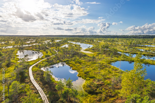 Aerial View of Kemeri Bog Boardwalk and Bog Lakes, Kemeri National Park, Latvia