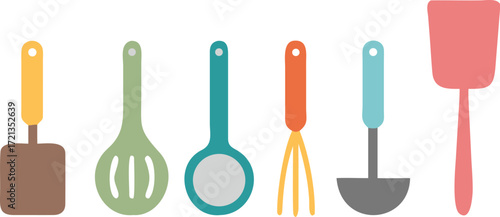 Vector graphic featuring a collection of kitchen utensils, including pots, pans, and cutlery, in a vibrant arrangement.