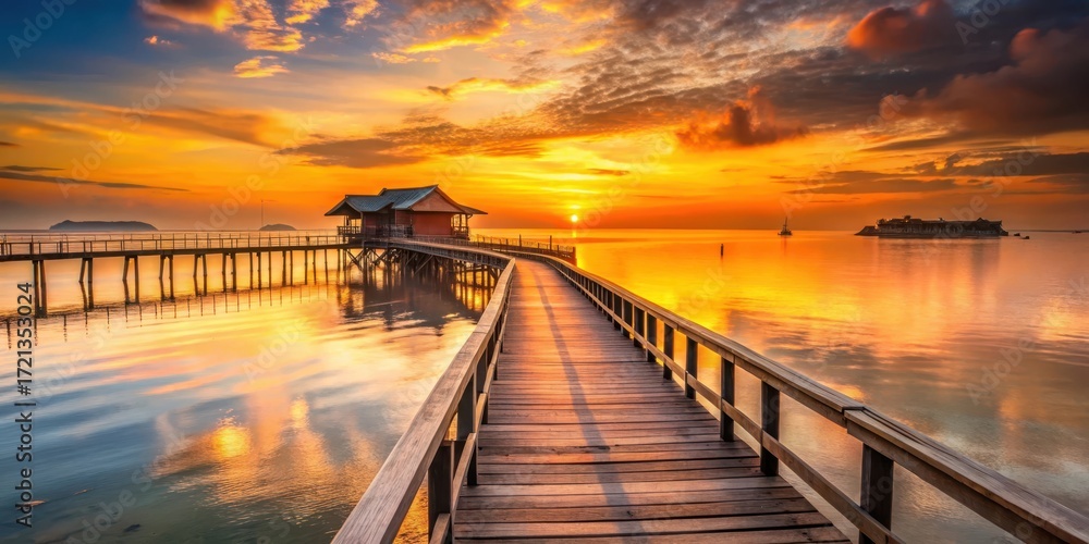 Fototapeta premium Wooden bridge with stunning views of Clan Tan Jetty against a warm orange sunrise in George Town