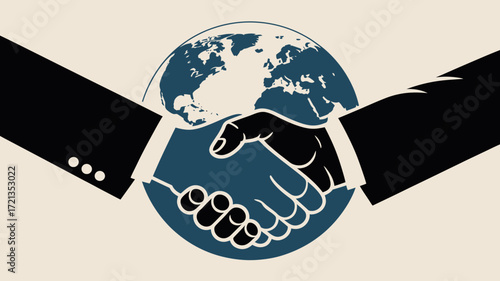 Global business handshake symbolizing partnership, collaboration, and international agreements with a retro, professional, and powerful design impact