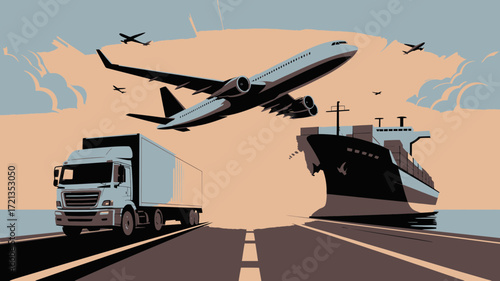 Streamlined global logistics with dynamic transport solutions featuring cargo plane, ship and truck - seamless supply chain management for modern businesses