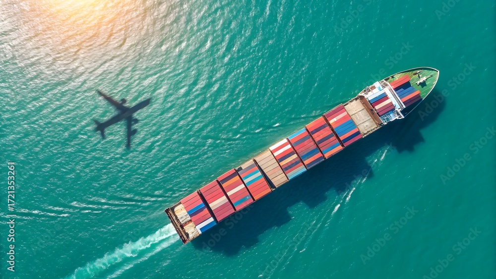 Fototapeta premium Aerial view of a cargo ship with colorful containers at sea, airplane shadow on turquoise ocean waters, symbolizing global trade, shipping, and international transportation routes