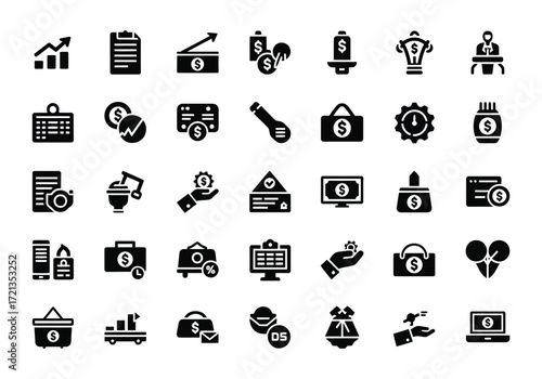 A collection of 35 black finance and business icons, including charts, money, bags, computers, and shopping carts, isolated on a