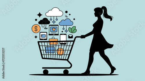 Stylish shopper silhouette pushing cart overflowing with digital icons symbolizing online deals, savings, and shopping opportunities for modern consumers