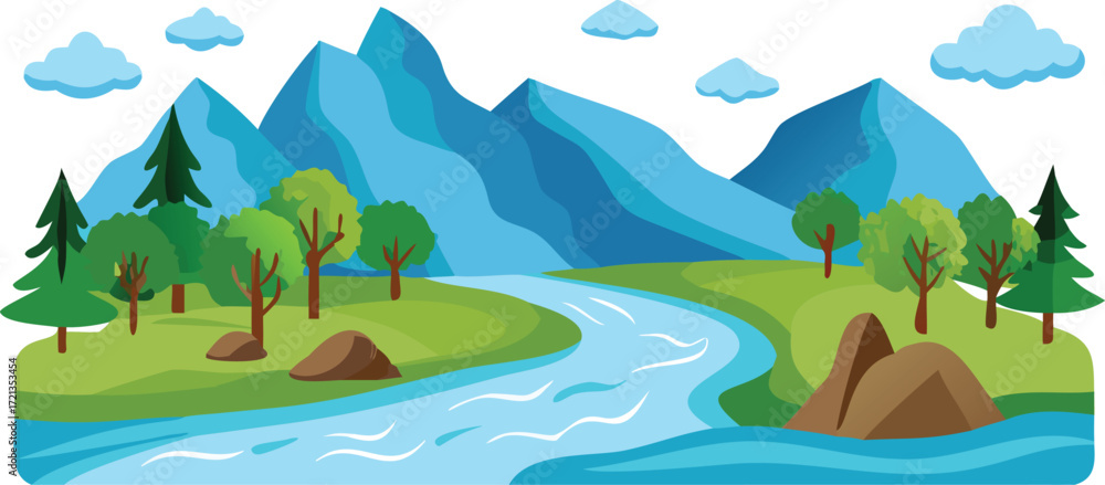 Obraz premium A serene river flows through a landscape of mountains and lush green trees under a clear blue sky. 