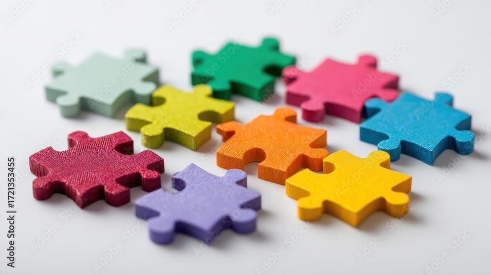 Obraz premium Colorful puzzle pieces arranged on a clean, white surface
