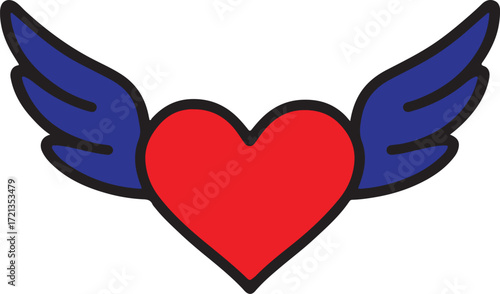 Red  vector heart with dark blue angel wings.