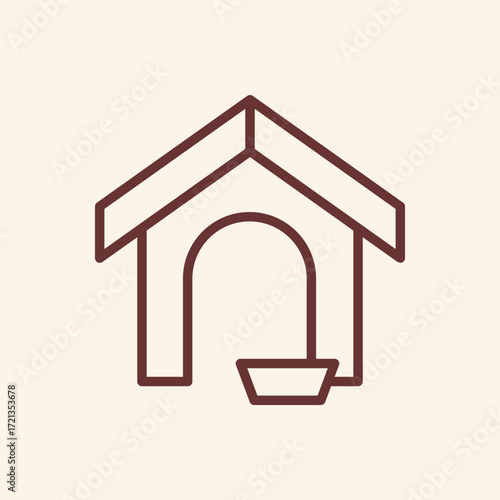 Simple doghouse outline with food bowl offers shelter and care illustration, ideal for veterinary services, pet stores, and animal welfare campaigns