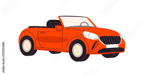 Cabriolet, convertible car. Auto, road vehicle toy with open roof, compact design. Roofless wheeled transport for summer ride. Cabrio automobile. Flat vector illustration isolated on white background.