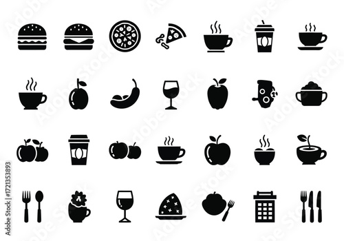Collection of food and drink icons, including burgers, pizza, coffee, tea, fruit, and cutlery, isolated on a
