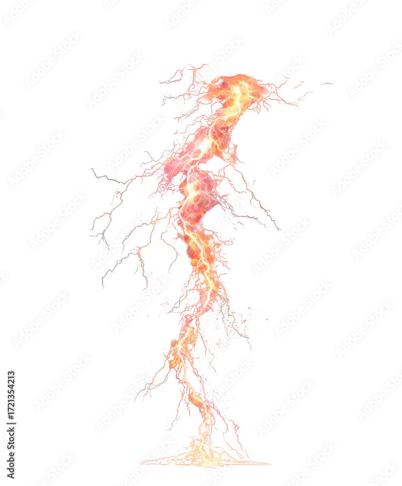 Obraz premium Fiery red and yellow lightning bolt striking downwards isolated on transparent background