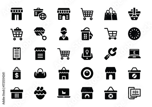 Collection of ecommerce and shopping icons, including storefronts, shopping carts, bags, payment methods, and customer service