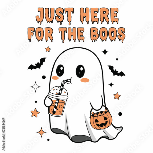 Adorable ghost isolated on white background sipping a beverage and holding a pumpkin basket, ready for halloween trickortreating