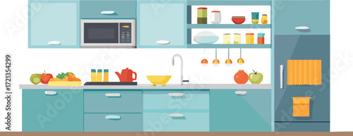 Sleek modern kitchen with vibrant blue cabinets and appliances, highlighting a fresh and inviting atmosphere.