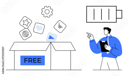 Office worker pointing at a box labeled FREE with digital app icons thumbs up gear, heart, globe, cart battery symbol nearby. Ideal for productivity, technology, innovation, creativity, education