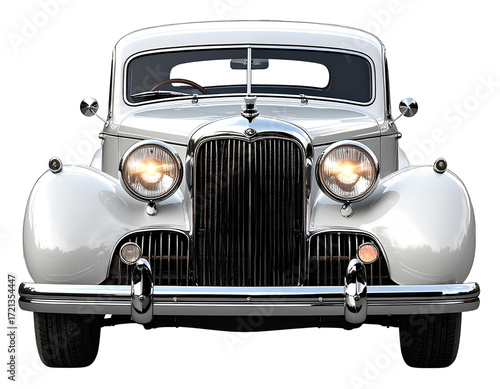 Vintage red classic car with chrome details and headlights isolated on white background