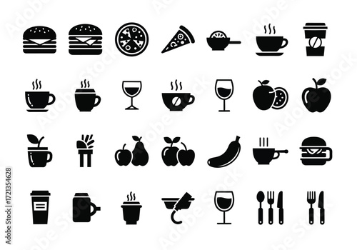 Collection of food and drink icons, including burgers, pizza, coffee cups, wine glasses, fruits, and cutlery