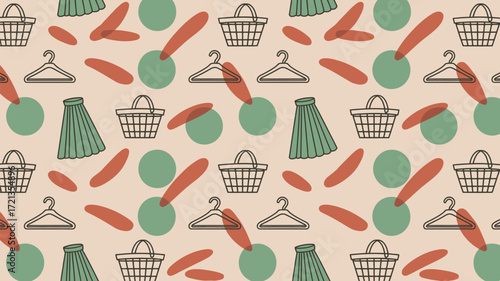 A seamless pattern with skirts baskets hangers circles and oblong shapes on a light beige background