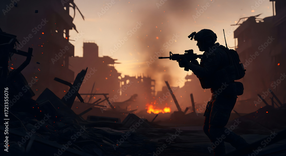 Fototapeta premium Soldier Amidst Ruins: A lone soldier stands resolute, silhouetted against the fiery backdrop of a war-torn landscape, bearing a weapon and facing the remnants of a devastating conflict.