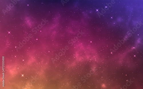 Galaxy background with vibrant color nebula clouds and glowing stars. Beautiful dreamy sky. Colorful cosmic wallpaper. Fantasy milky way. Starry universe. Vector Illustration.